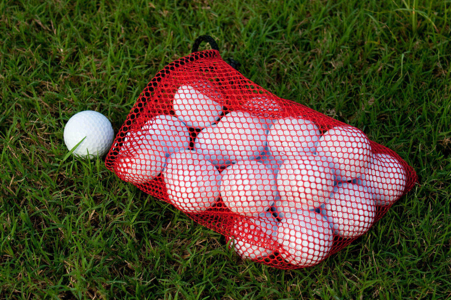 Golf balls in a net lying on grass
