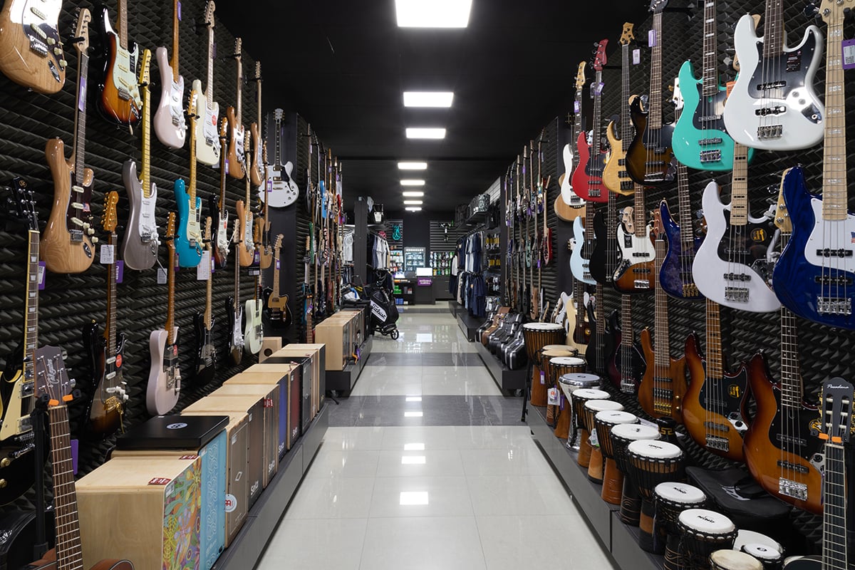 Guitars in musical instruments shop Muziker Košice.