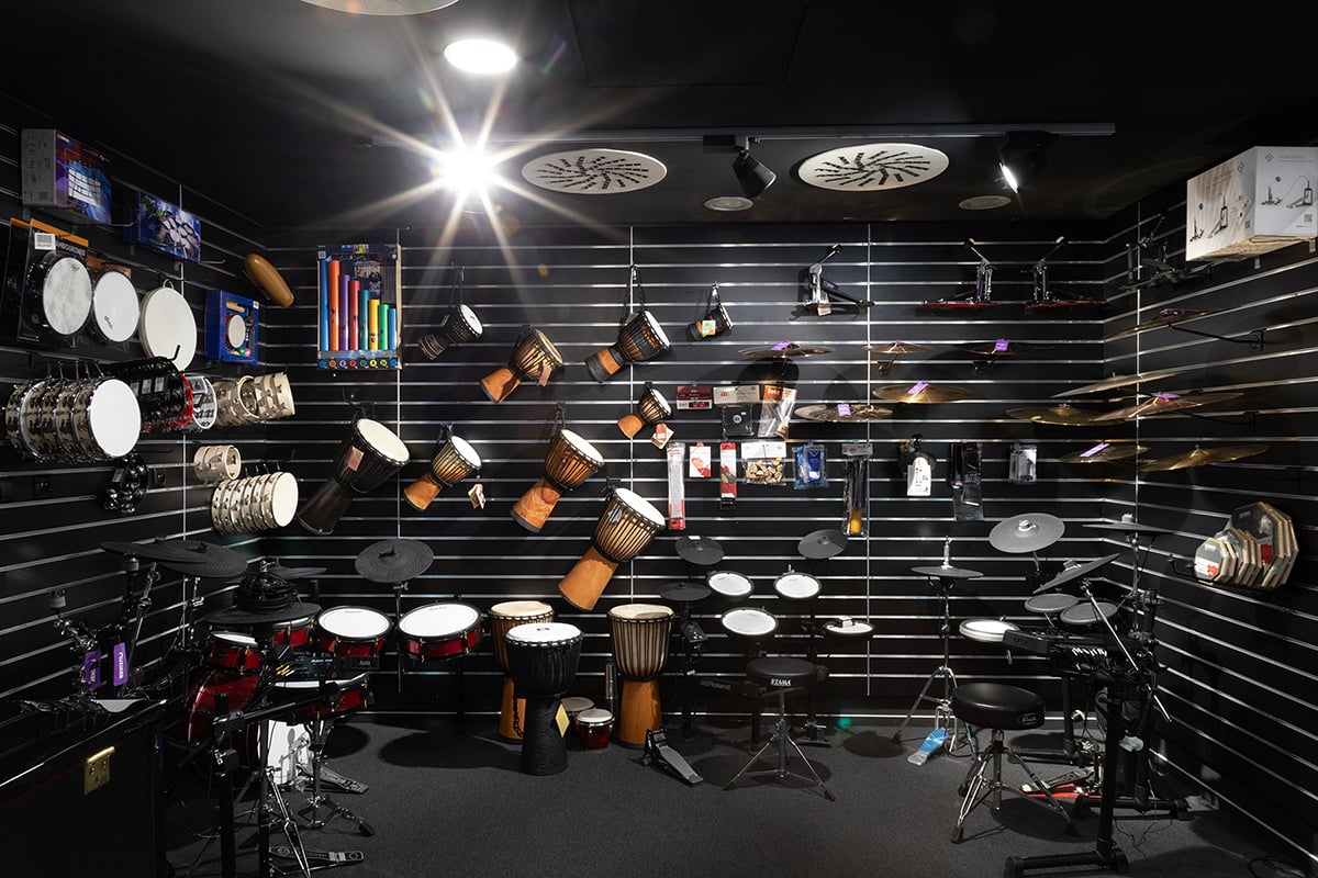 Musical instruments and accessories in music shop Muziker Žilina.