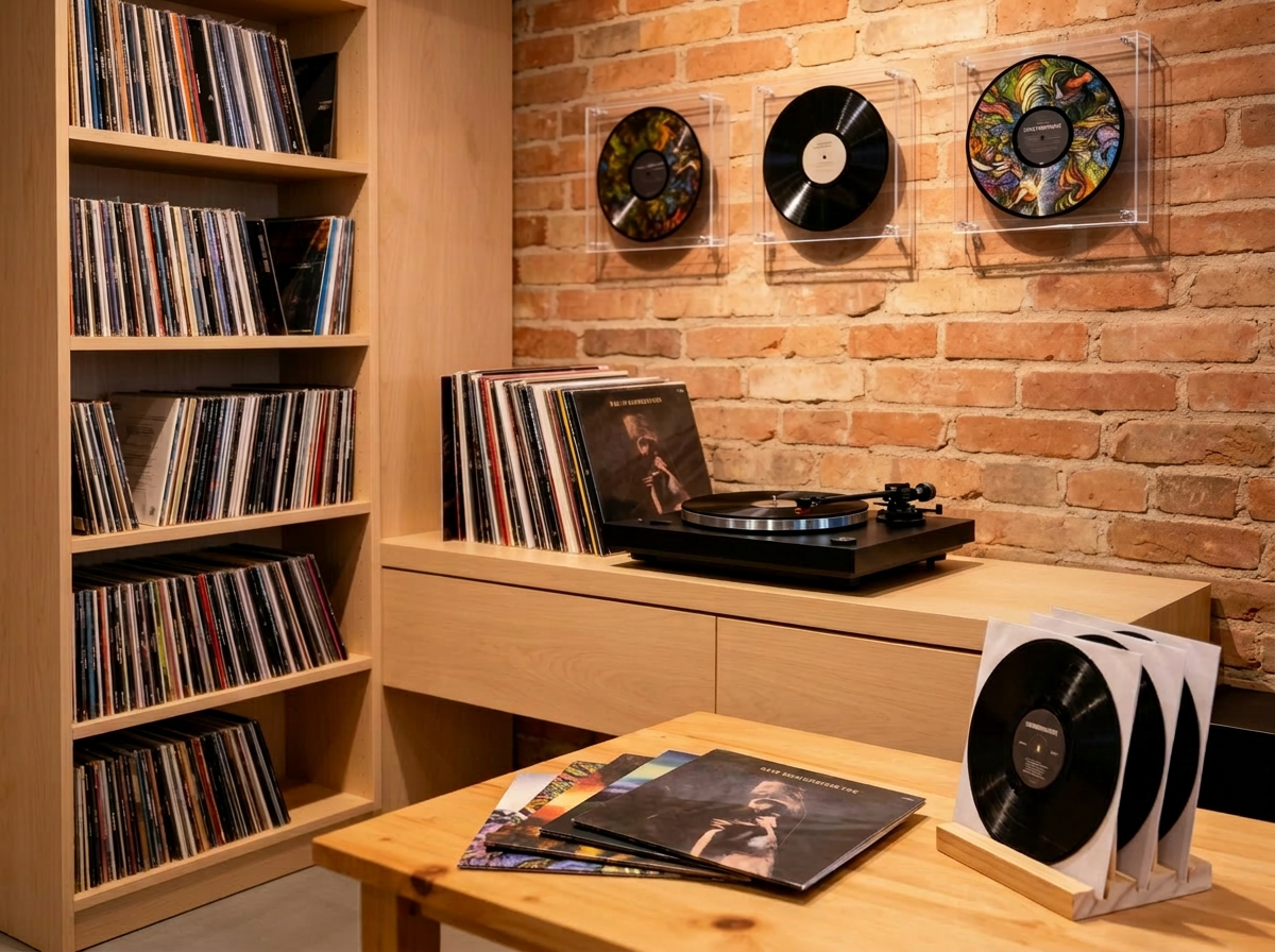 Nahaufnahme eines Plattenspielers und einer Sammlung von Schallplatten in einem Interieur mit Ziegelwand und Holzmöbeln.