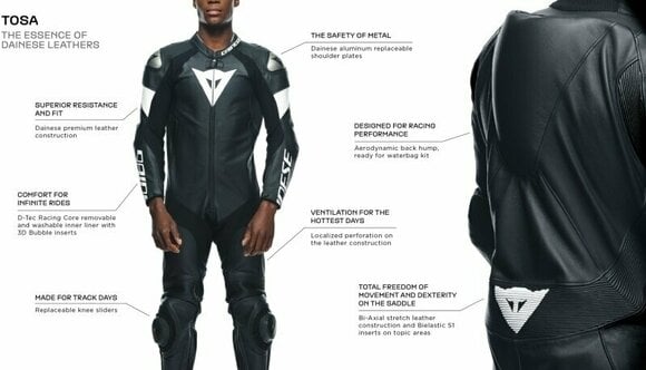 Motorcykeldragt i ét stykke Dainese Tosa Leather 1Pc Suit Perf. Black/Black/White 44 Motorcykeldragt i ét stykke - 21