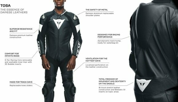 Motorcykeldragt i ét stykke Dainese Tosa Leather 1Pc Suit Perf. Black/Black/White 46 Motorcykeldragt i ét stykke - 21