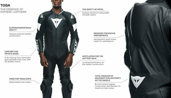 Motorcykeldragt i ét stykke Dainese Tosa Leather 1Pc Suit Perf. Black/Black/White 50 Motorcykeldragt i ét stykke - 21