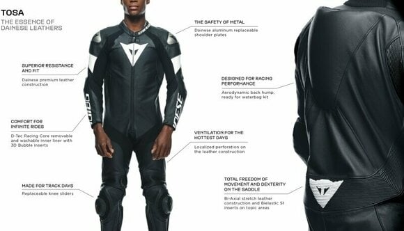 Fato de motociclismo de uma peça Dainese Tosa Leather 1Pc Suit Perf. Black/Black/White 52 Fato de motociclismo de uma peça - 21