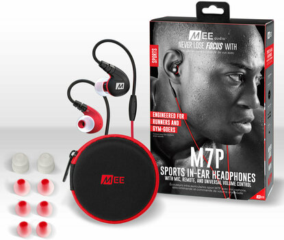 En la oreja los auriculares MEE audio M7P Secure-Fit Sports In-Ear Headphones with Mic Red - 3