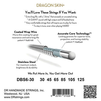 Struny do gitary basowej6-strunowej DR Strings Dragon Skin+ Coated Steel 6-String Medium 30-125 Struny do gitary basowej6-strunowej - 3