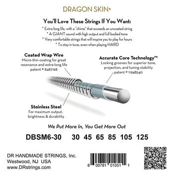 Set de 6 corzi pentru bas DR Strings Dragon Skin+ Coated Steel 6-String Medium 30-125 Tapered Multi-Scale Set de 6 corzi pentru bas - 3