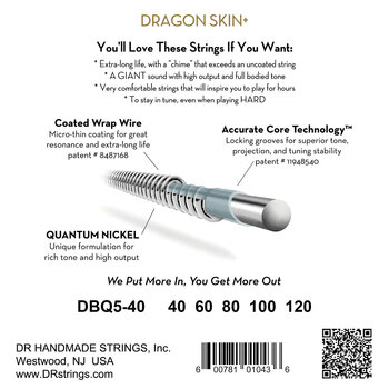 Struny do gitary basowej 5-strunowej DR Strings Dragon Skin+ Coated Nickel 5-String Light 40-120 Struny do gitary basowej 5-strunowej - 3