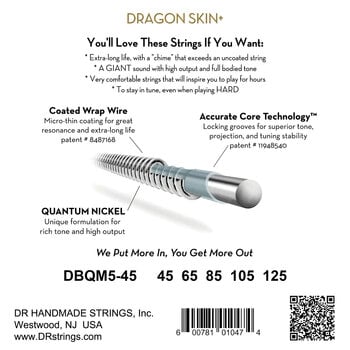 Jeux de 5 cordes basses DR Strings Dragon Skin+ Coated Nickel 5-String Medium 45-125 Tapered Multi-Scale Jeux de 5 cordes basses - 3