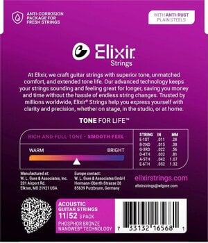 Struny do gitary akustycznej Elixir 16568 Nanoweb 11-52 3-Pack Struny do gitary akustycznej - 3