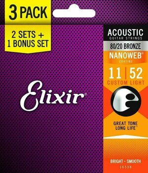 Struny pre akustickú gitaru Elixir 16538 NANOWEB Coating Custom Light 11-52 3-PACK - 3