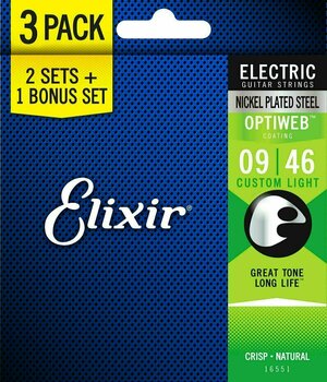 E-gitarrsträngar Elixir 16551 OPTIWEB Coating Custom Light 9-46 3-PACK - 3