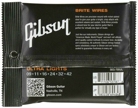 Cordas para guitarra elétrica Mi Gibson 700UL Brite Wires Electric 009-042 - 2