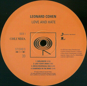 Vinyl Record Leonard Cohen Songs of Love and Hate (LP) - 3