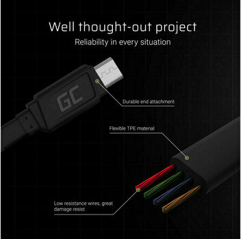 USB kábel Green Cell KABGC01 GCmatte Micro USB Flat 25 cm Fekete 25 cm USB kábel - 2