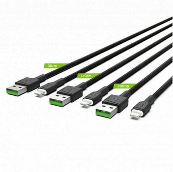 Cable USB Green Cell KABGCSET04 3x Set GC Ray USB - Lightning Negro 120 cm-200 cm-30 cm Cable USB - 2