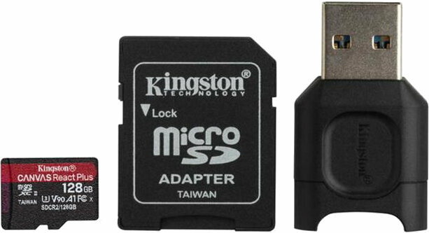 Memory Card Kingston 128GB microSDHC Canvas React Plus U3 UHS-II V90 + SD Adapter + Reader MLPMR2/128GB