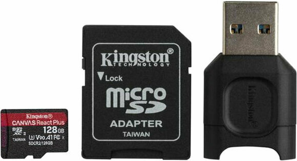 Memory Card Kingston 128GB microSDHC Canvas React Plus U3 UHS-II V90 + SD Adapter + Reader MLPMR2/128GB - 1