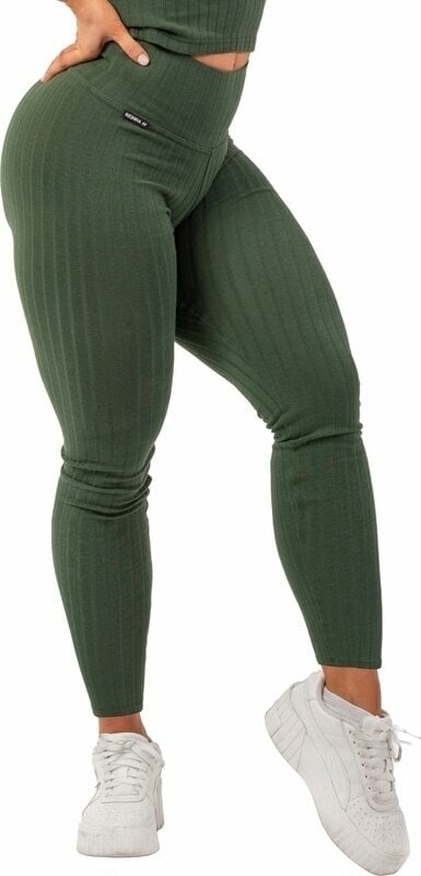 Calças de fitness Nebbia Organic Cotton Ribbed High-Waist Leggings Dark Green M Calças de fitness