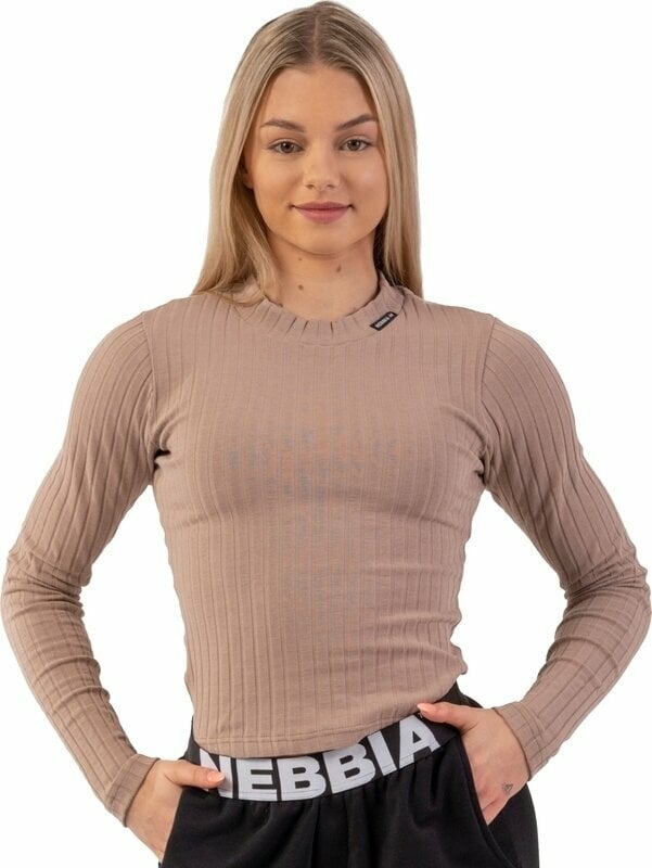 Nebbia Organic Cotton Ribbed Long Sleeve Top Brown XS Fitness tričko