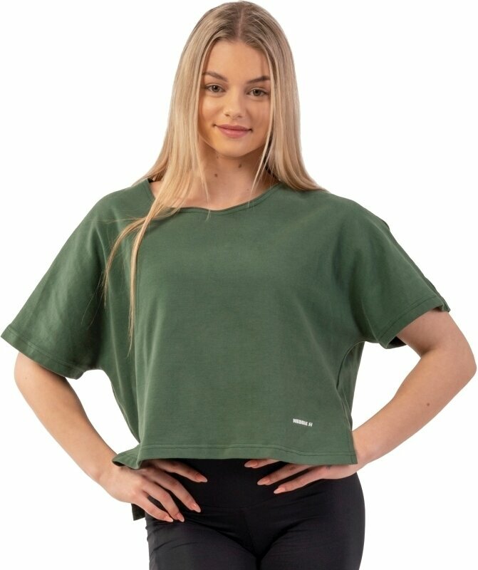 Fitness T-shirt Nebbia Organic Cotton Loose Fit "The Minimalist" Crop Top Dark Green XS-S Fitness T-shirt