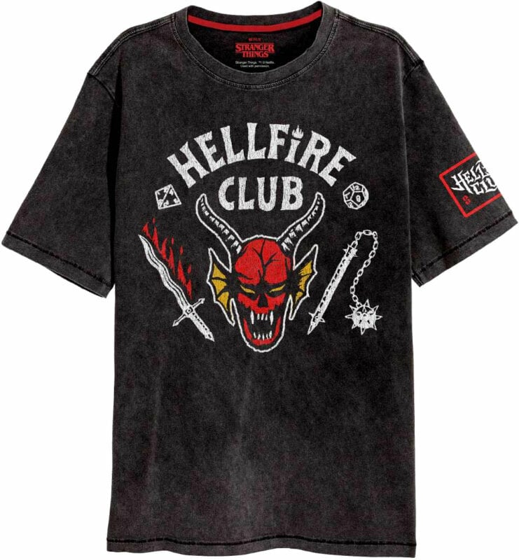 T-Shirt Stranger Things T-Shirt Hellfire Crest Unisex Acid Wash Black S