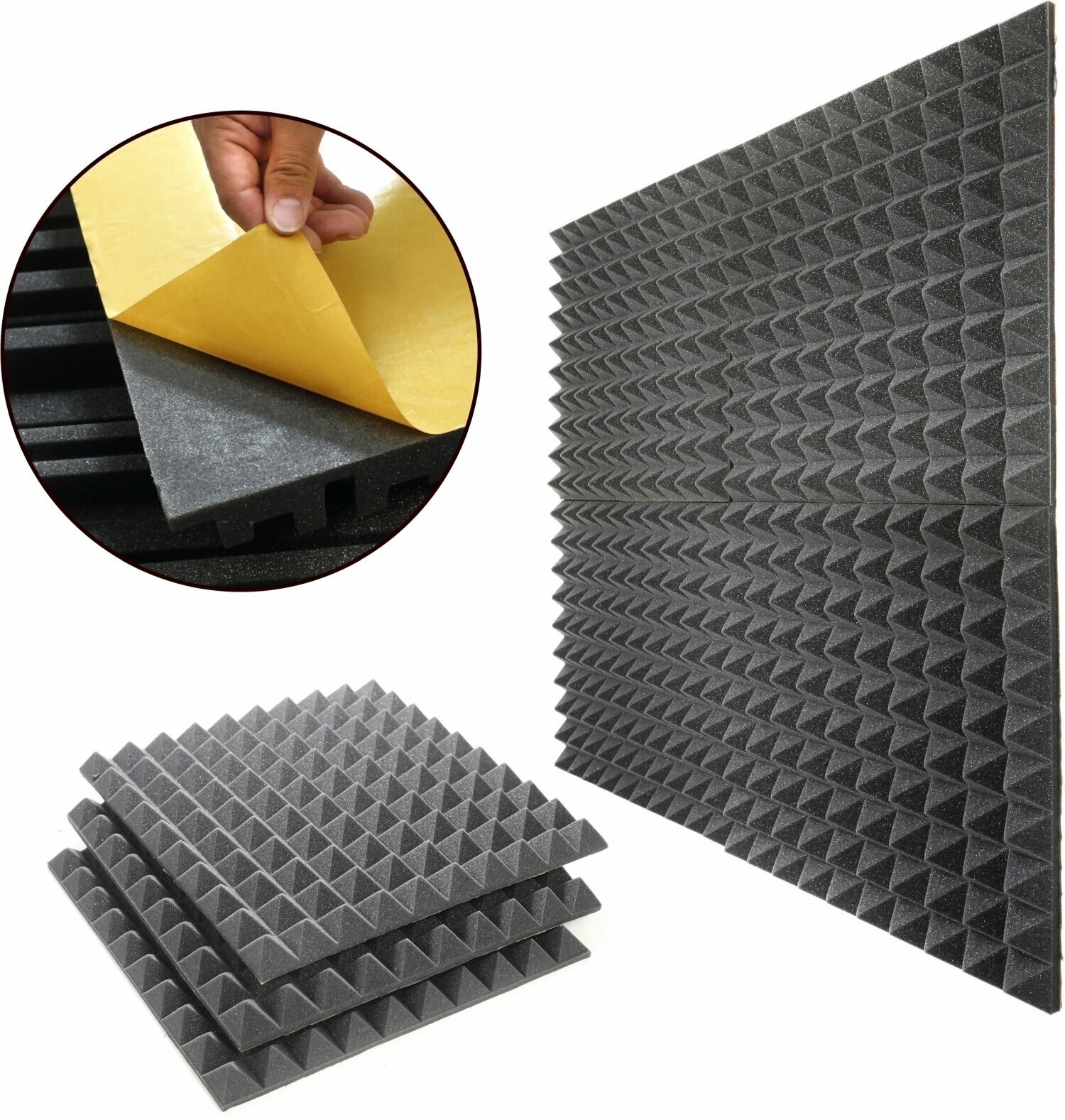Absorbent Schaumstoffplatte Veles-X Acoustic Pyramids Self-Adhesive 50 x 50 x 5 cm - MVSS 302 Anthracite