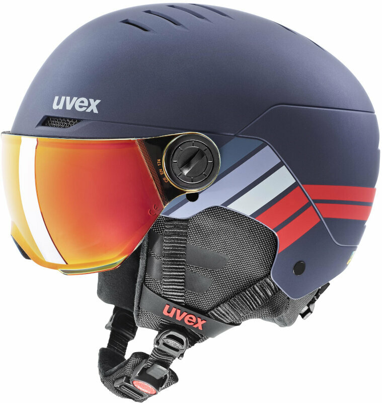 Ski Helmet UVEX Rocket Junior Visor Navy/Red Stripes Mat 51-55 cm Ski Helmet
