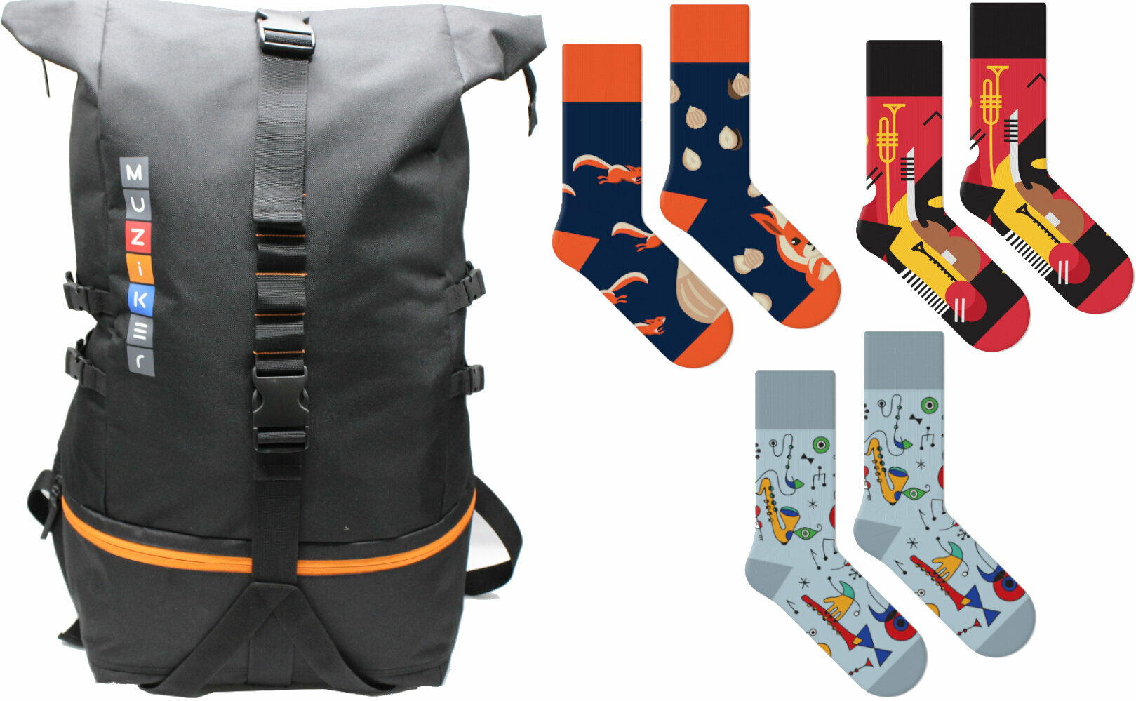 Plecak Muziker Backpack Big Black + Jazz + Nutty Squirrel + Miró Art Socks SET Plecak