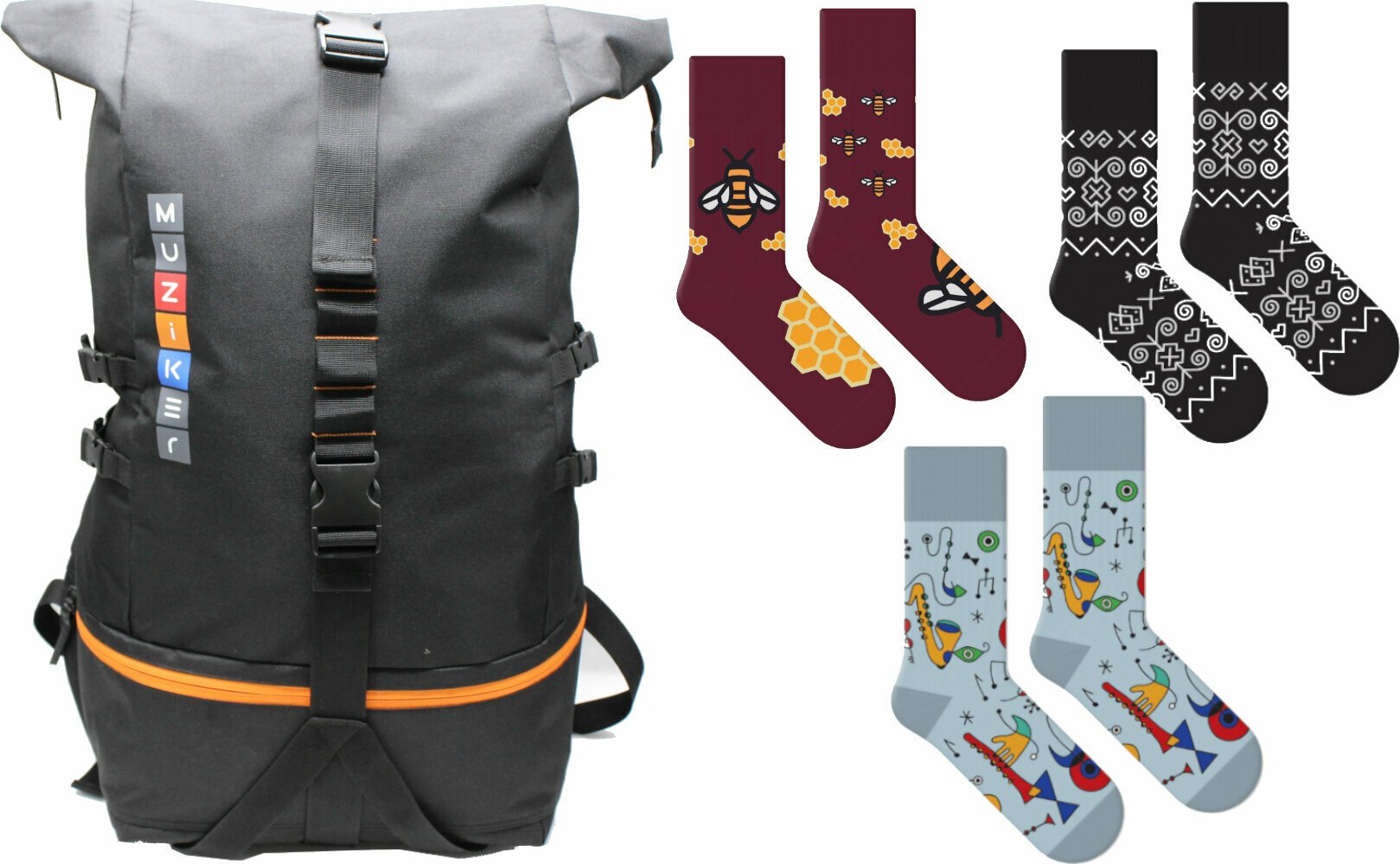 Plecak Muziker Backpack Big Black + Bee My Honey + Čičmany + Miró Music Socks SET Plecak