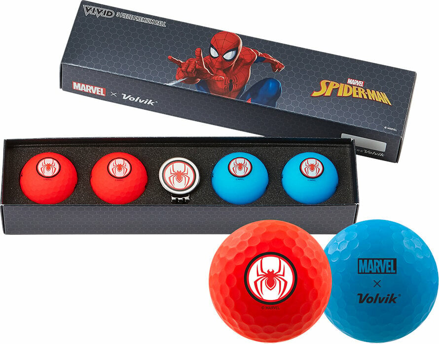 Golfový míček Volvik Vivid Marvel 2.0 4 Pack Golf Balls Spider Man Plus Ball Marker Red/Blue