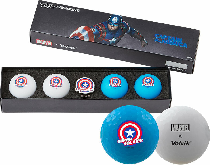 Nova loptica za golf Volvik Vivid Marvel 2.0 4 Pack Golf Balls Captain America Plus Ball Marker White/Blue