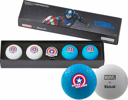 Golfball Volvik Vivid Marvel 2.0 4 Pack Golf Balls Captain America Plus Ball Marker White/Blue - 1