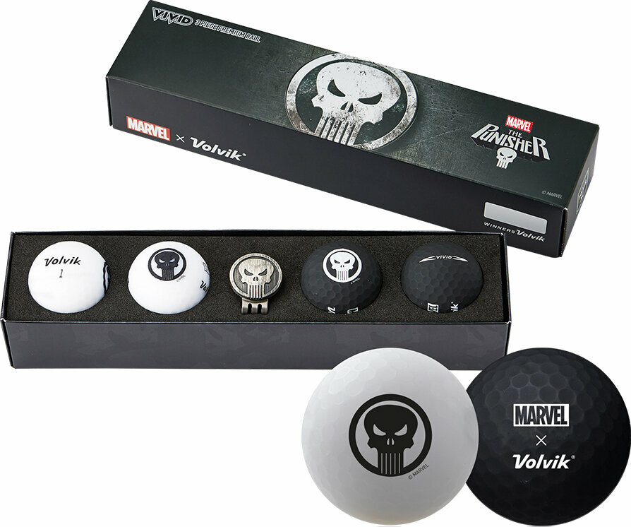 Golfová loptička Volvik Vivid Marvel 2.0 4 Pack Golf Balls The Punisher Plus Ball Marker White/Black