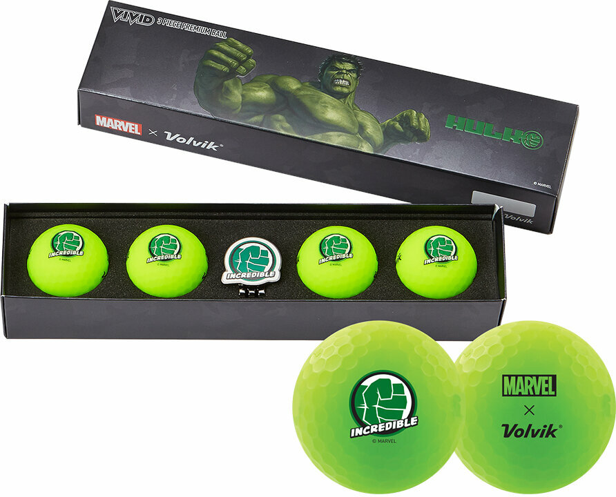 Golfová loptička Volvik Vivid Marvel 2.0 4 Pack Golf Balls Hulk Plus Ball Marker Green