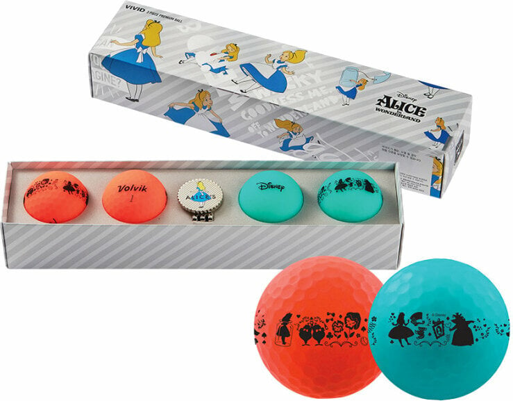 Golfová loptička Volvik Vivid Disney 4 Pack Golf Balls Gift Set Alice in Wonderland Plus Ball Marker Red/Blue