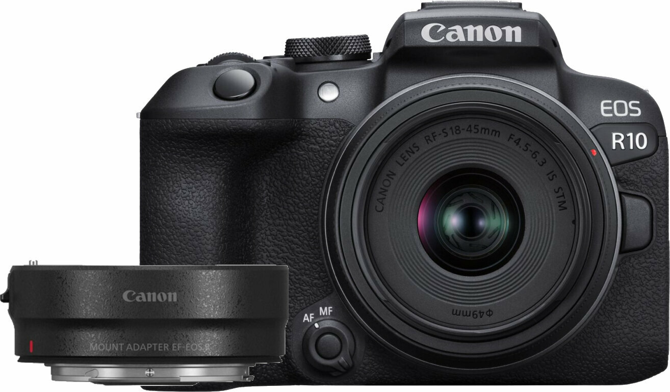 Câmara mirrorless Canon EOS R10 Body + EF-EOS R + RF-S 18-45mm IS STM Black Câmara mirrorless