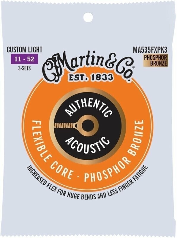 Cordes de guitares acoustiques Martin Authentic Flexible Core 92/8 Phosphor Bronze Custom Light 3-Pack