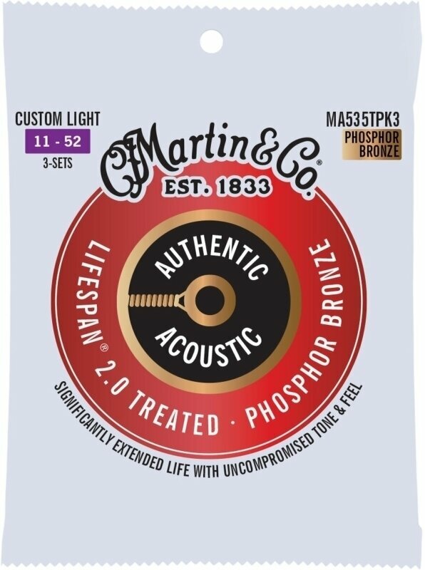 Cordes de guitares acoustiques Martin Authentic Lifespan 2.0 92/8 Phosphor Bronze Custom Light 3-Pack