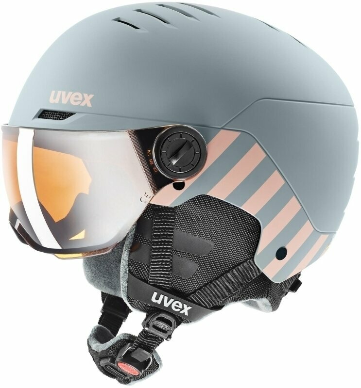 Casco de esquí UVEX Rocket Junior Visor Rhino/Blush Mat 51-55 cm Casco de esquí