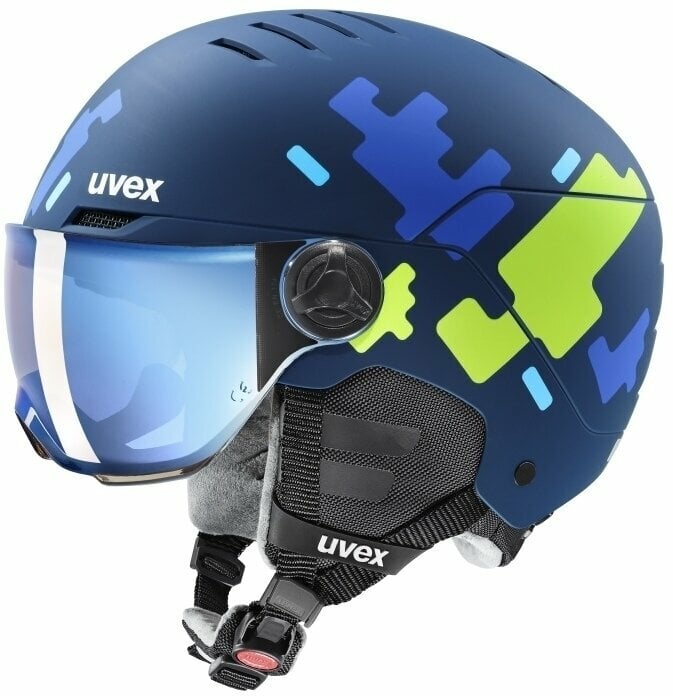 Casco de esquí UVEX Rocket Junior Visor Blue Puzzle Mat 51-55 cm Casco de esquí