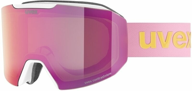Ski Brillen UVEX Evidnt Attract White Mat Mirror Rose/Contrastview Green Lasergold Lite Ski Brillen