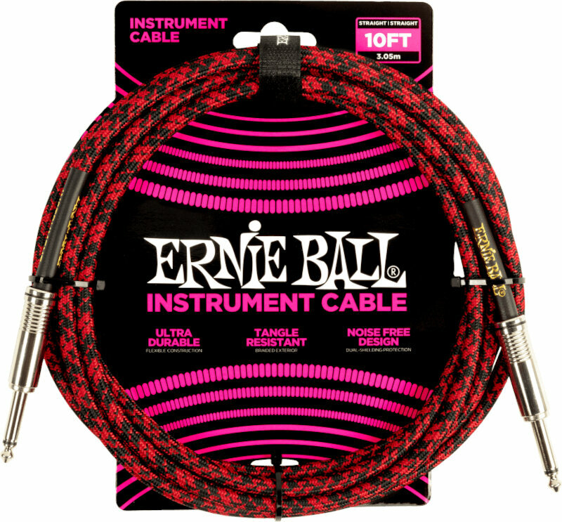 Instrumentenkabel Ernie Ball Braided Straight Straight Inst Cable Rot-Schwarz 3 m Gerade Klinke - Winkelklinke