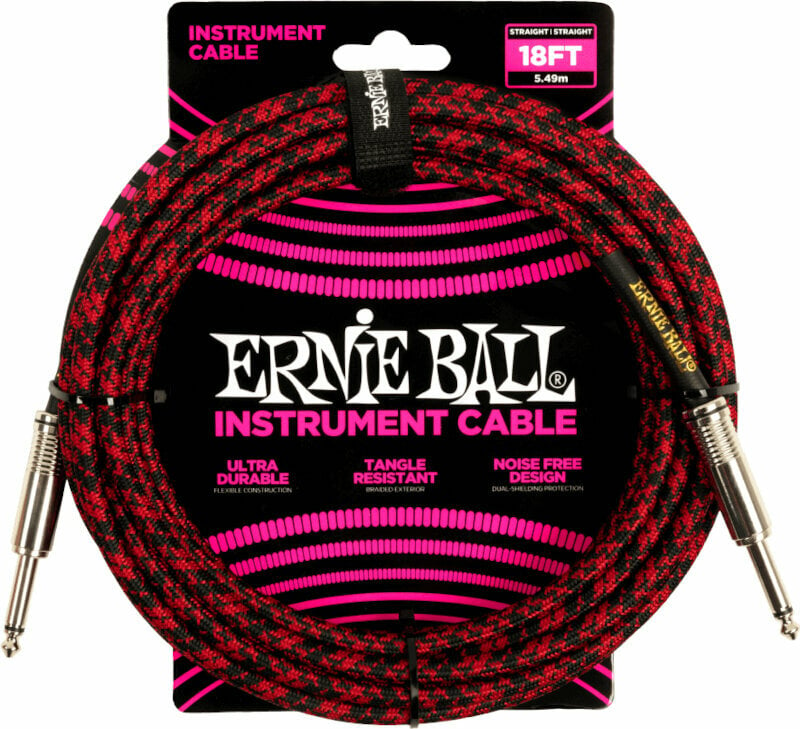 Hangszerkábel Ernie Ball Braided Straight Straight Inst Cable Fekete-Piros 5,5 m Egyenes - Egyenes