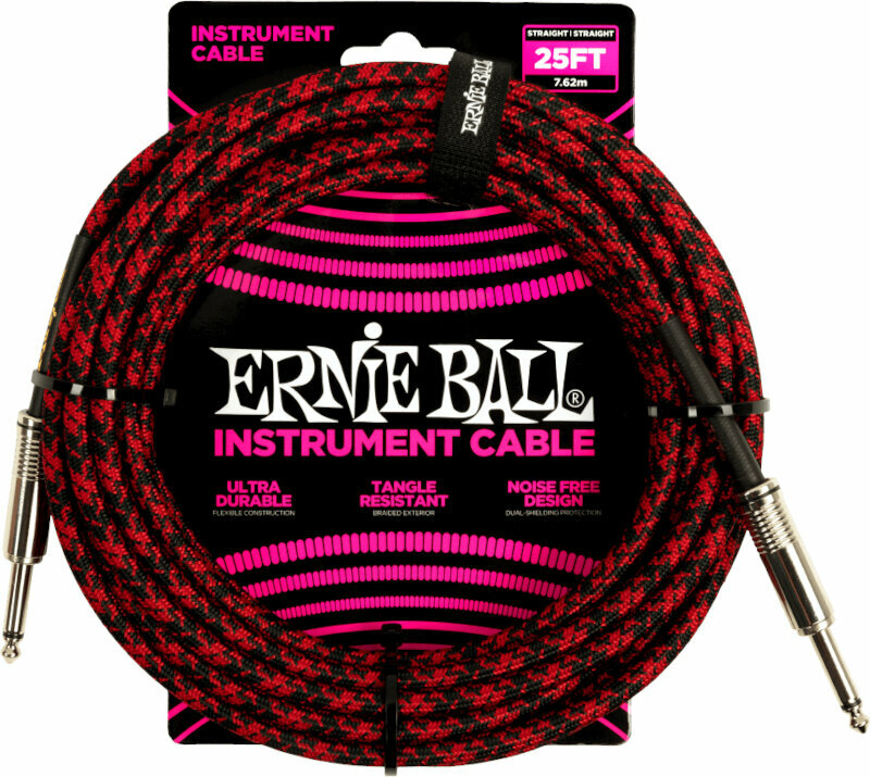 Nástrojový kabel Ernie Ball Braided Straight Straight Inst Cable Černá-Červená 7,5 m Rovný - Rovný