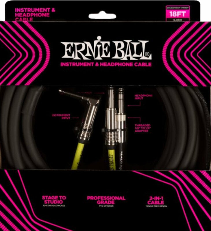 Instrument Cable Ernie Ball Instrument and Headphone Cable Black 50,5 cm Straight - Angled