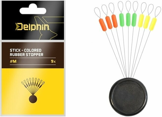 Clip de pesca, pinza, mosquetón giratorio Delphin Stick Colored Rubber Stopper