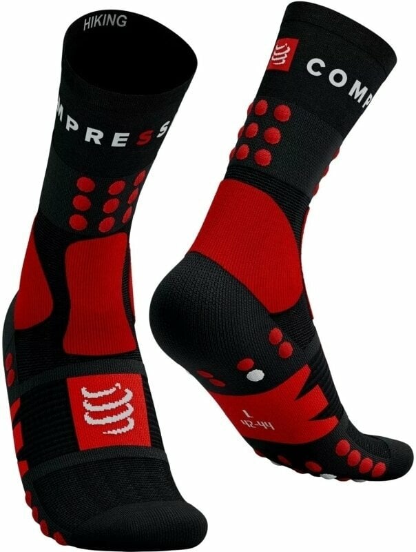 Meias de corrida Compressport Hiking Socks Black/Red/White T1 Meias de corrida