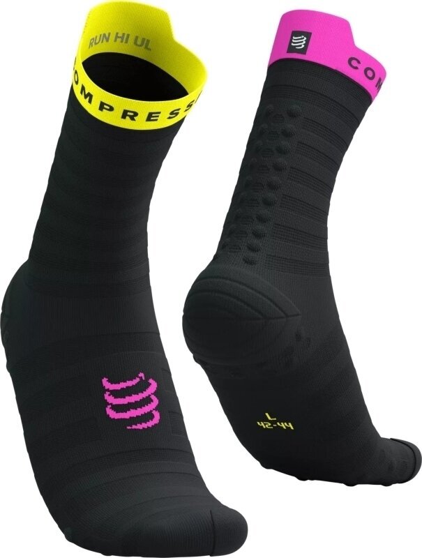 Hardloopsokken Compressport Pro Racing Socks V4.0 Ultralight Run High Black/Safety Yellow/Neon Pink T1 Hardloopsokken