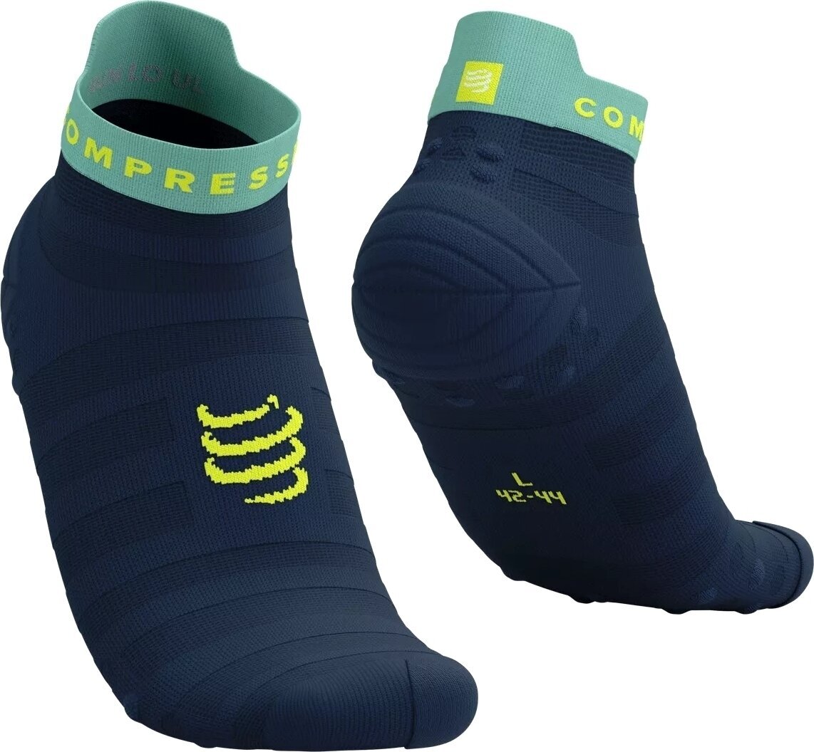 Meias de corrida Compressport Pro Racing Socks V4.0 Ultralight Run Low Dress Blues/Eggshell Blue/Green Sheen T1 Meias de corrida